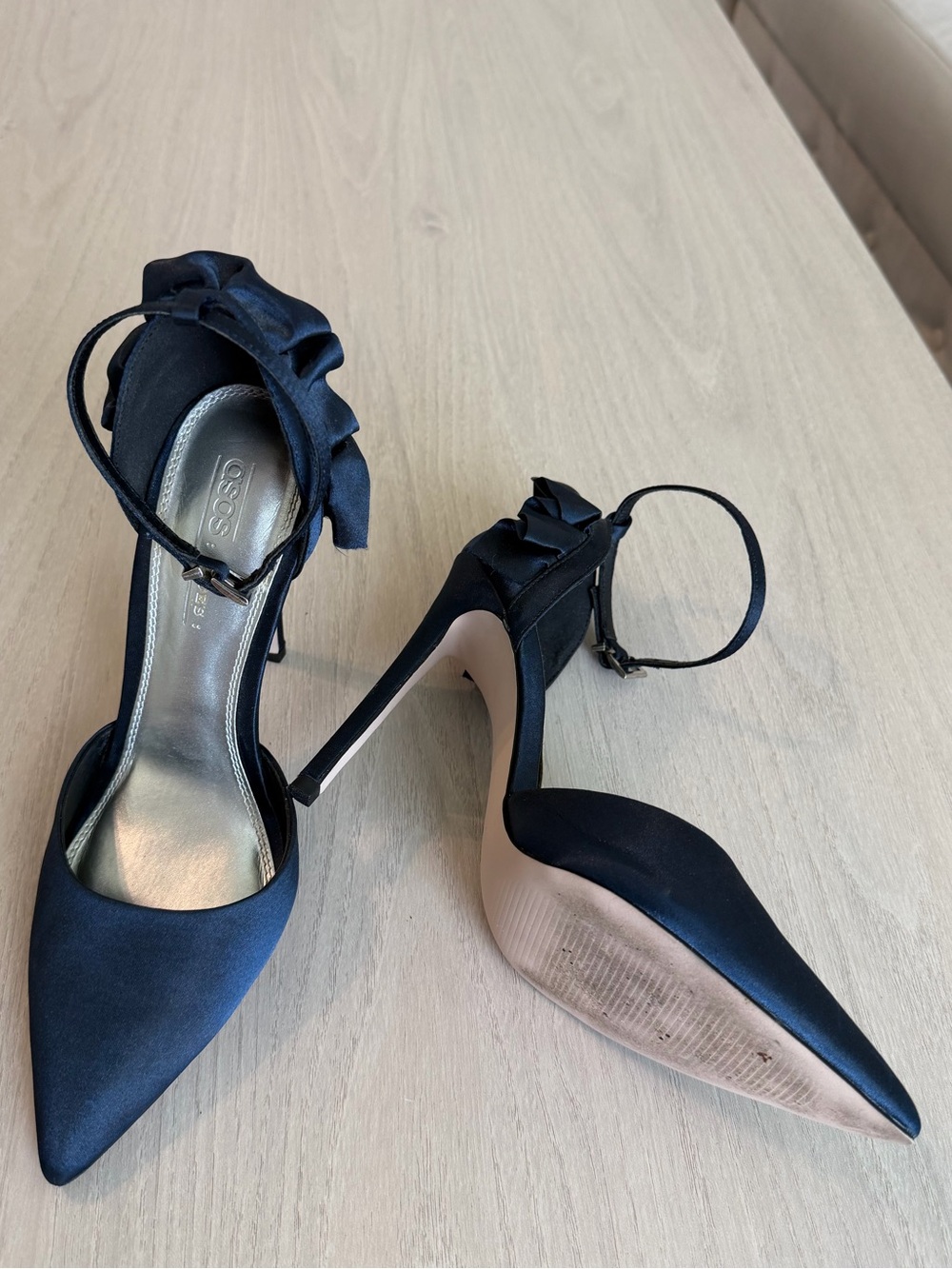 ASOS Navy Satin Pointed-Toe Ankle-Strap Heels with Ruffle Detail - Picture 5 of 8